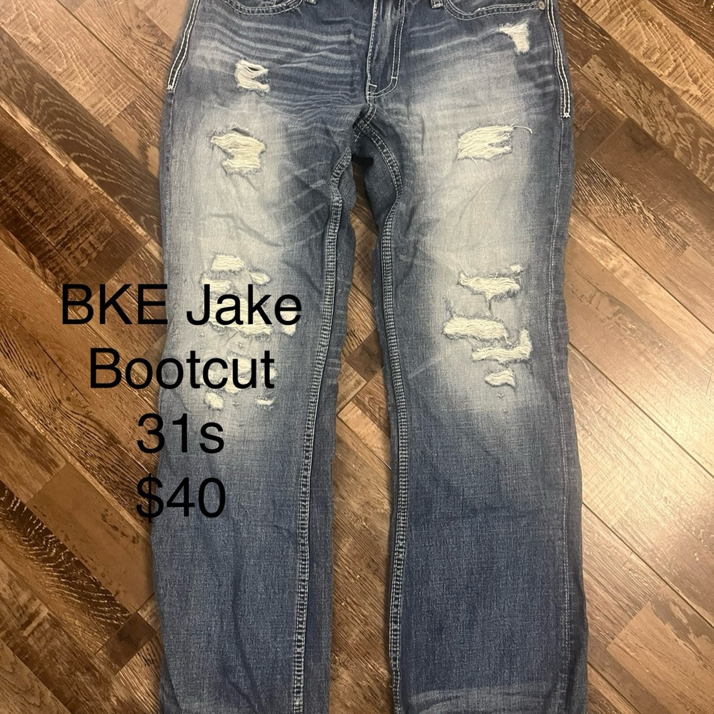 BKE Blue Bootcut Jeans with Distressed Details